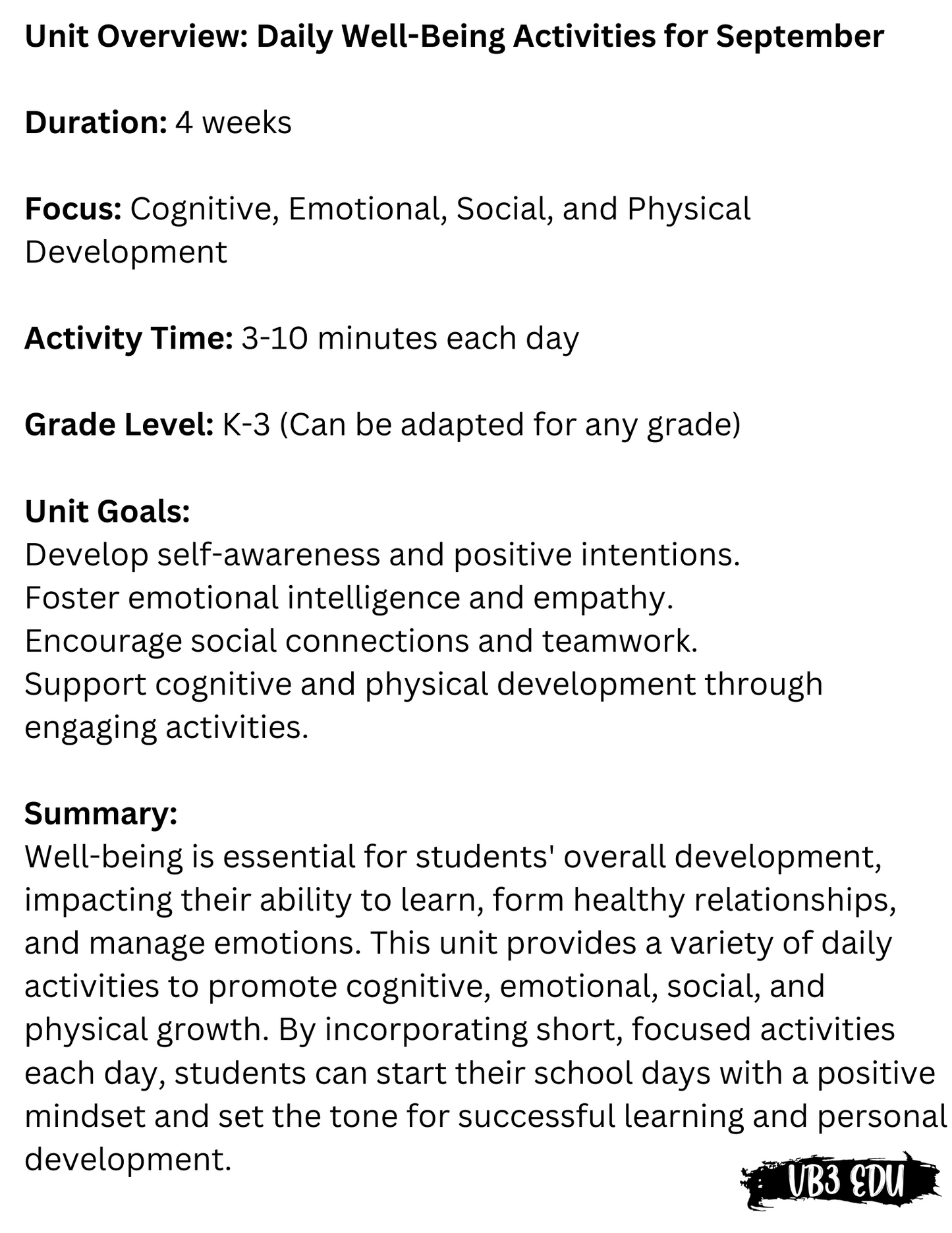 Daily Well-Being Activities for Primary School Students: A 4-Week Unit Plan for Grades K-3 - September - Back to School Unit