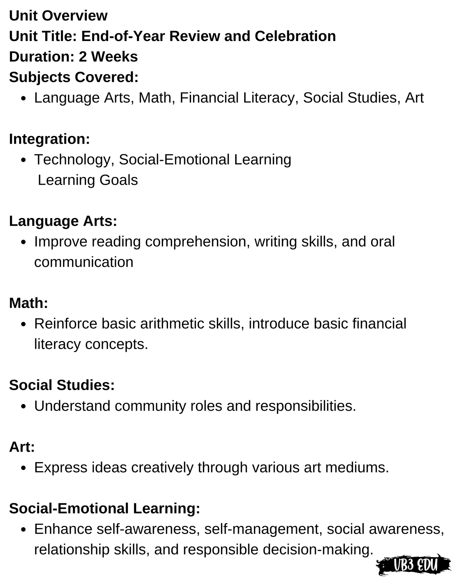 End-of-Year Review and Celebration Unit Plan for Primary Grades (1-3)