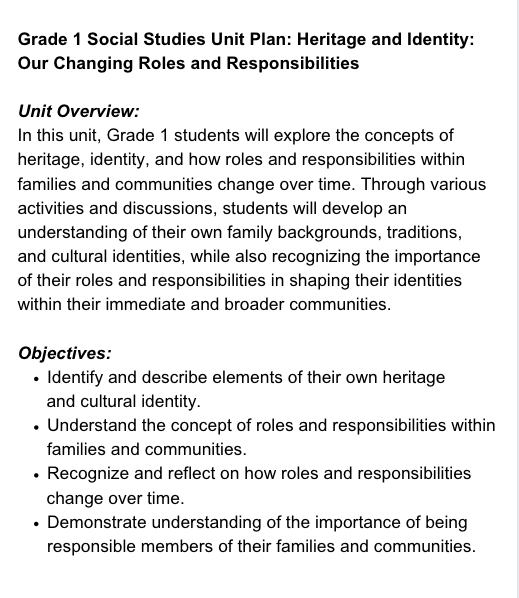 Grade 1 Heritage and Identity: Exploring Changing Roles and Responsibilities Unit