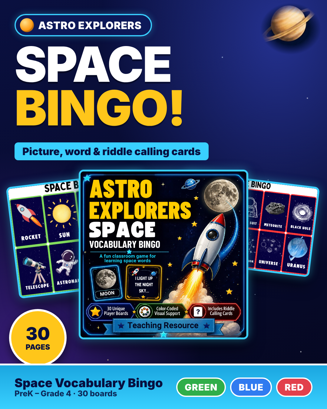 Space Vocabulary Bingo Game | 3 Leveled Boards | Special Education PreK-4