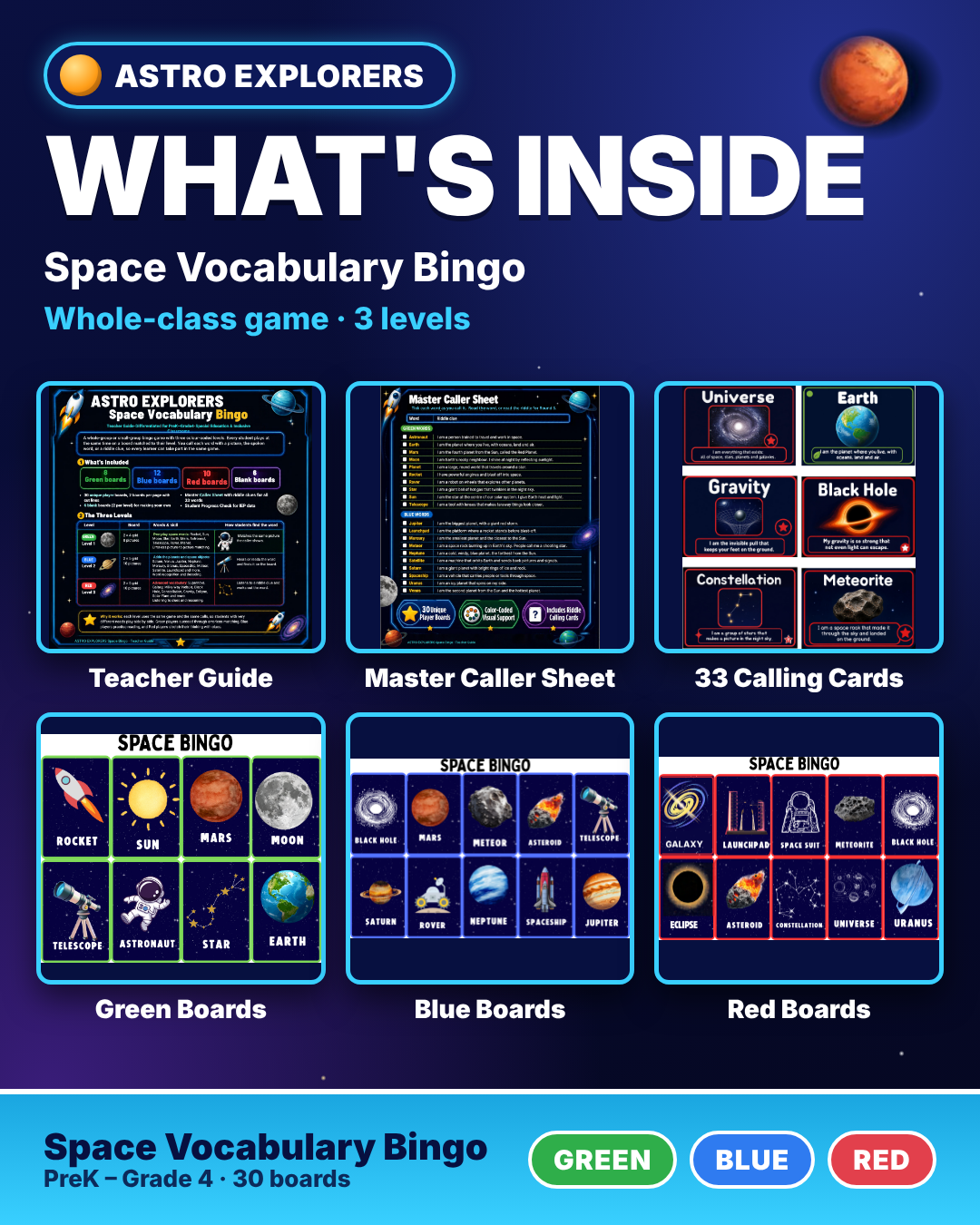 Space Vocabulary Bingo Game | 3 Leveled Boards | Special Education PreK-4