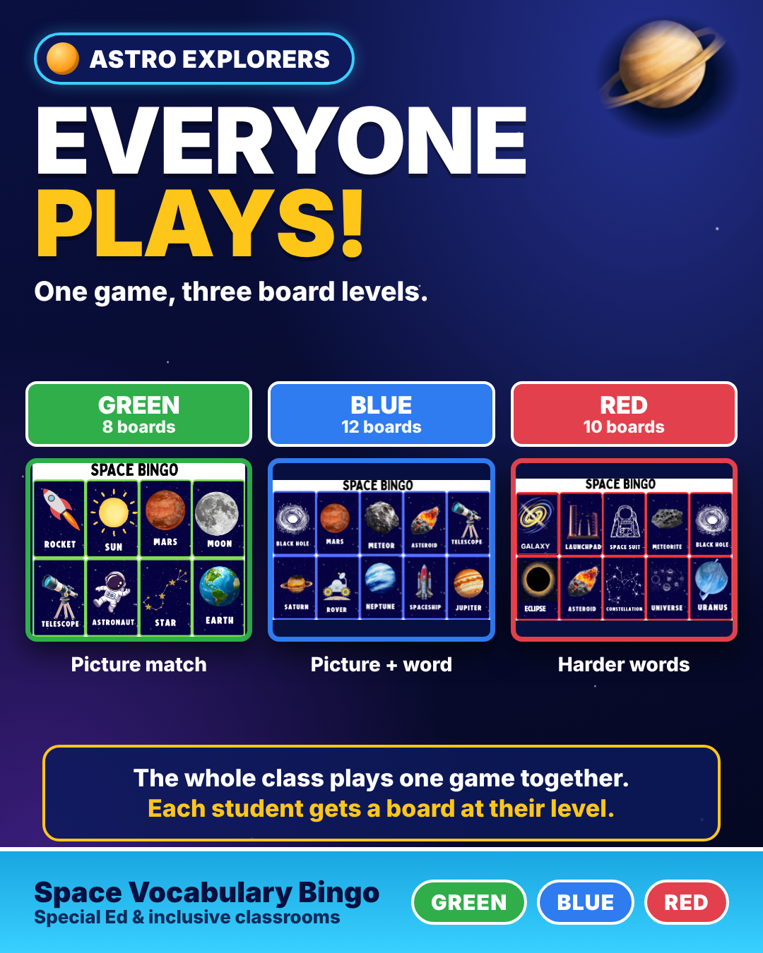 Space Vocabulary Bingo Game | 3 Leveled Boards | Special Education PreK-4