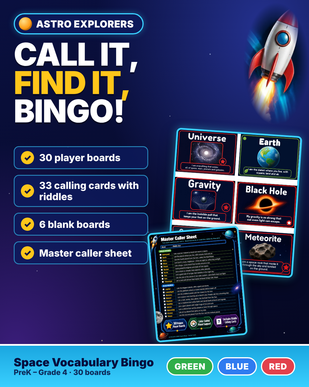 Space Vocabulary Bingo Game | 3 Leveled Boards | Special Education PreK-4