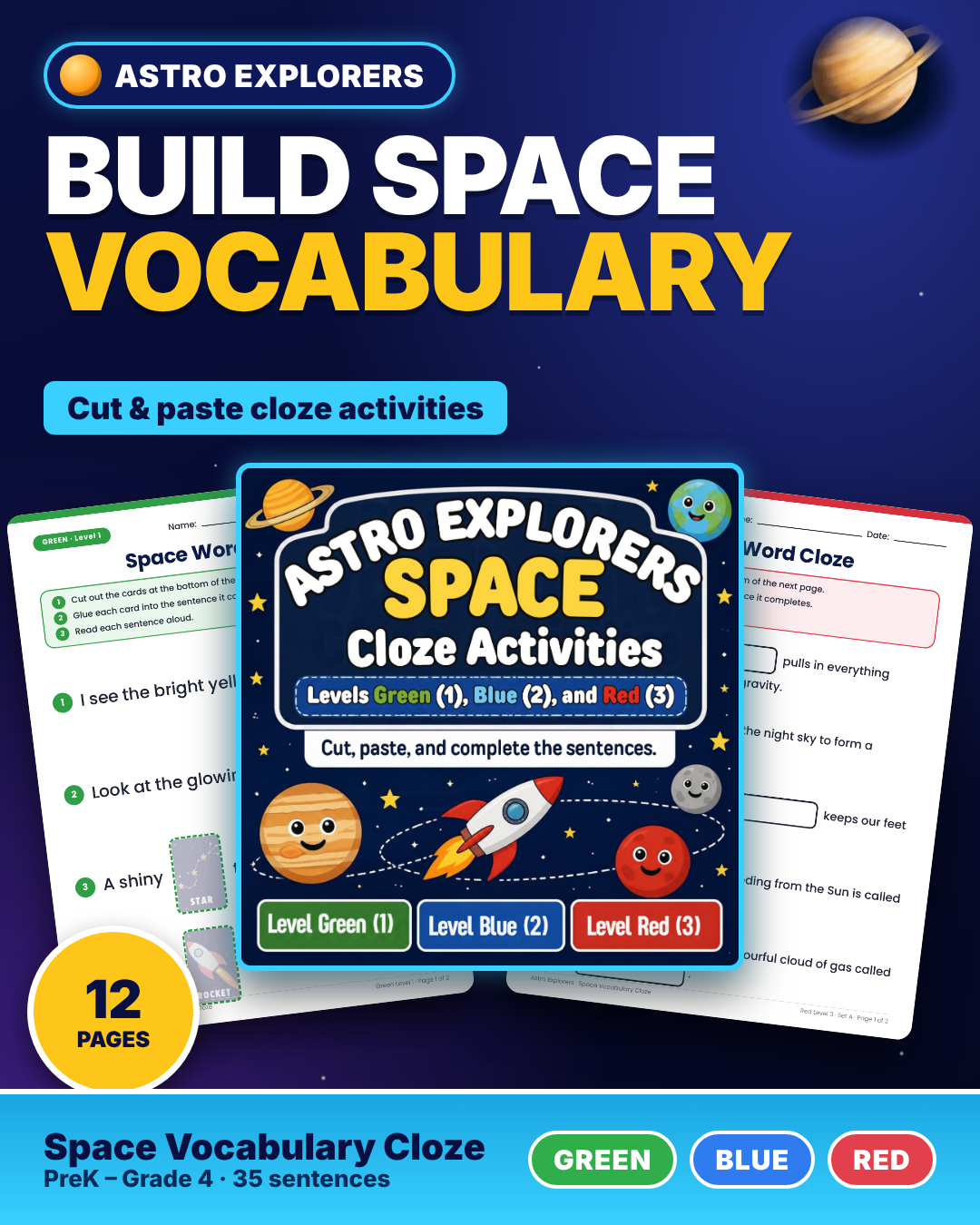 Space Vocabulary Cloze Cut & Paste Worksheets | Differentiated | Special Ed