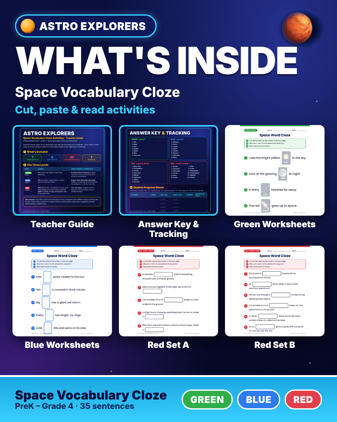 Space Vocabulary Cloze Cut & Paste Worksheets | Differentiated | Special Ed