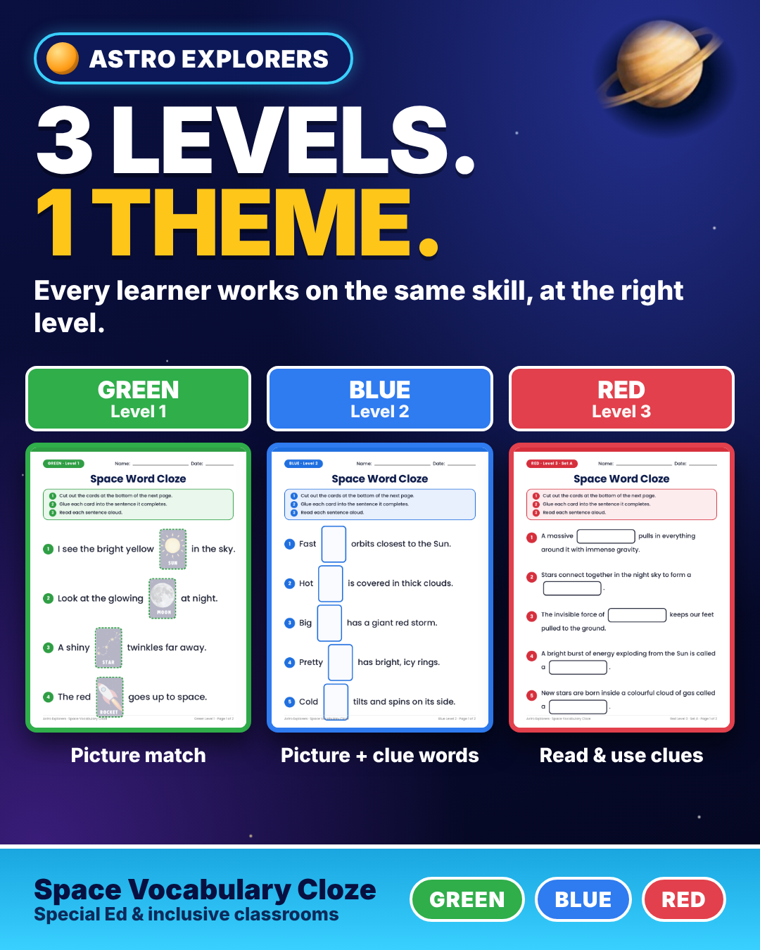 Space Vocabulary Cloze Cut & Paste Worksheets | Differentiated | Special Ed