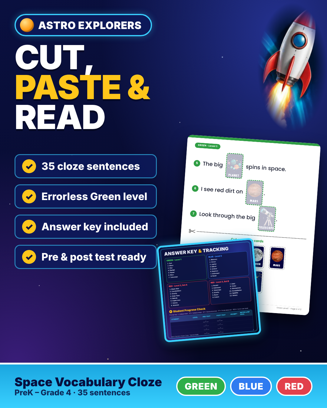 Space Vocabulary Cloze Cut & Paste Worksheets | Differentiated | Special Ed