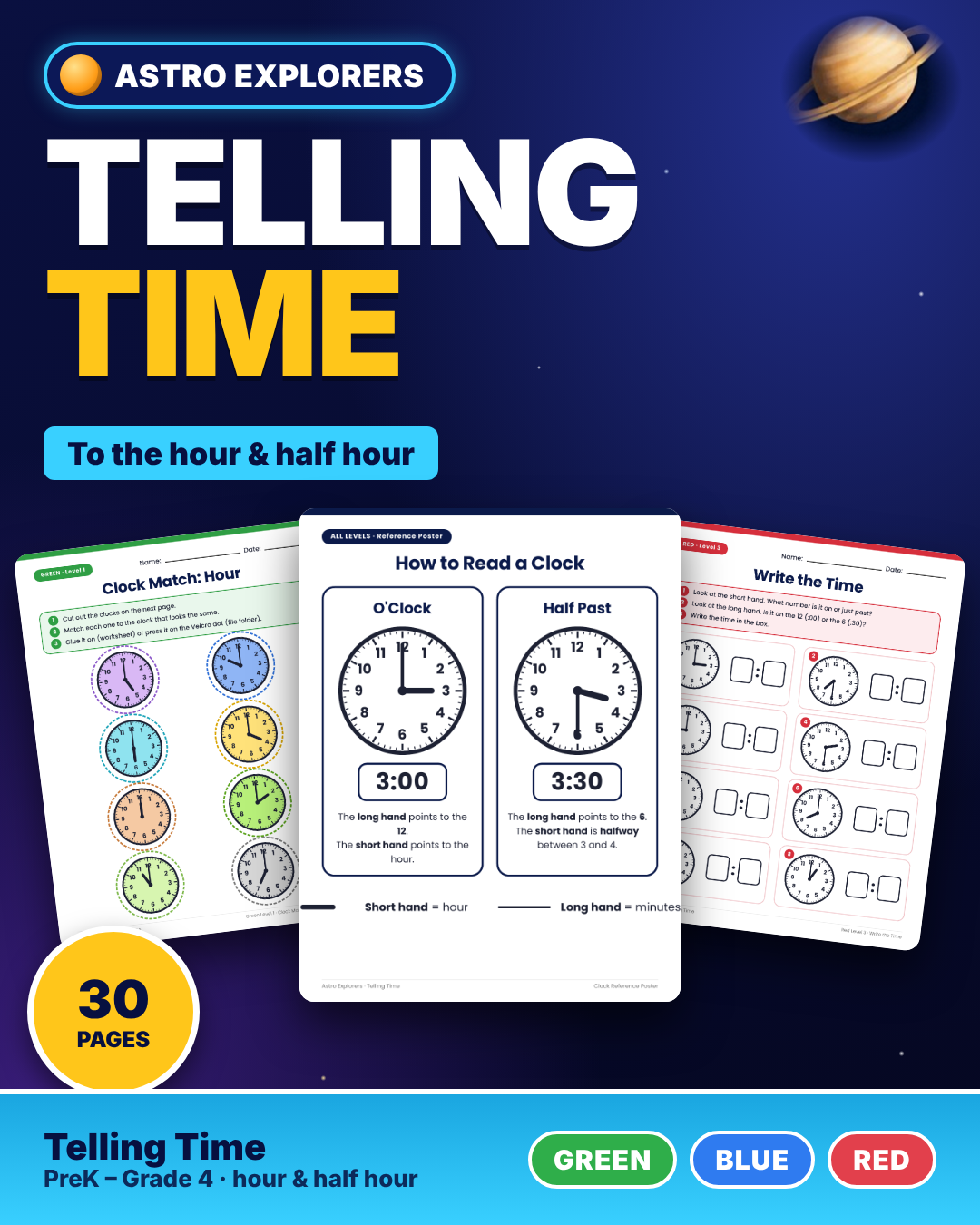 Telling Time to the Hour & Half Hour | Space File Folders | Special Ed