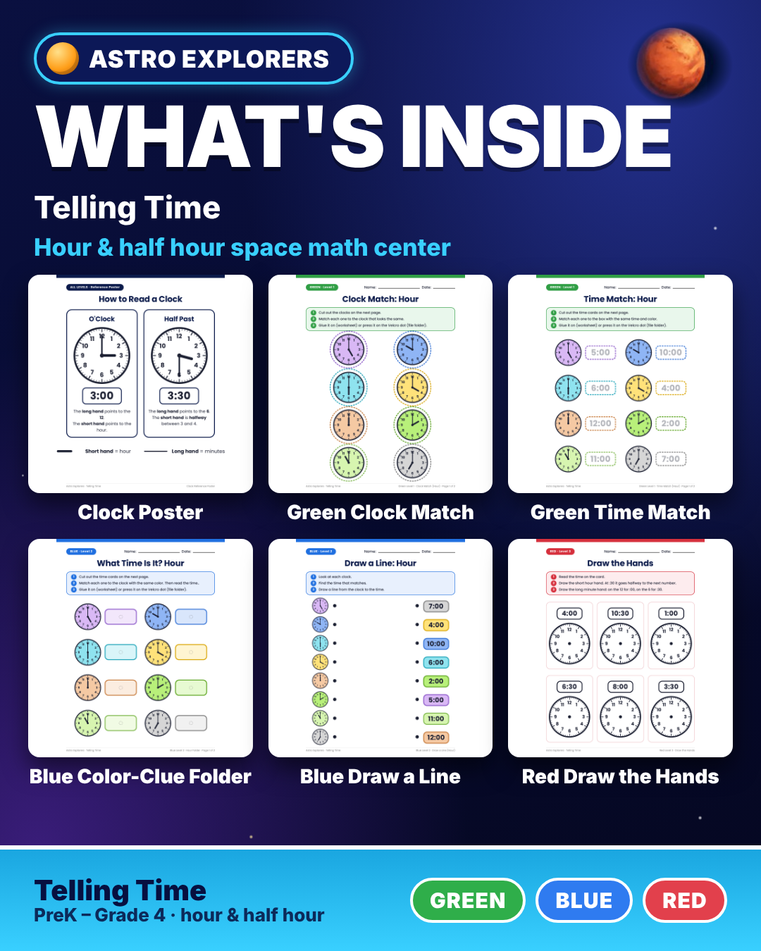 Telling Time to the Hour & Half Hour | Space File Folders | Special Ed