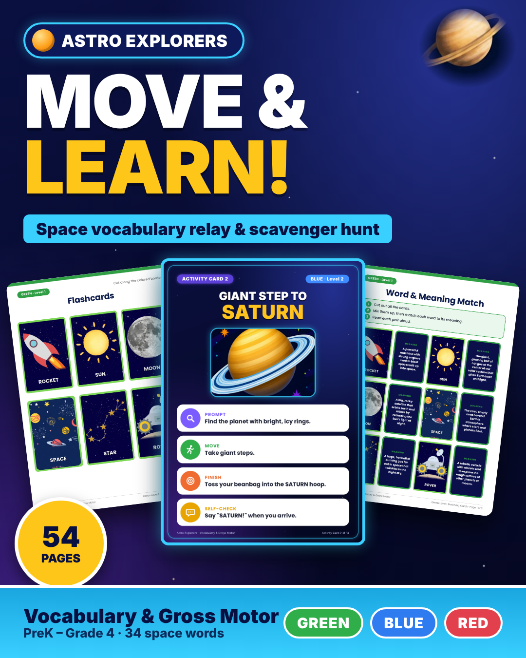 Space Vocabulary Cards & Gross Motor Games | Special Education | 3 Levels