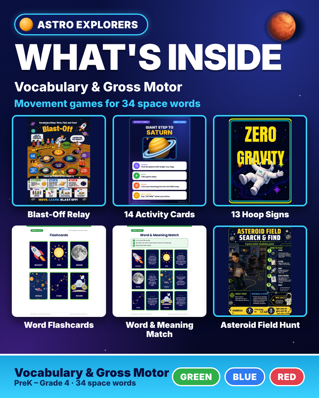 Space Vocabulary Cards & Gross Motor Games | Special Education | 3 Levels