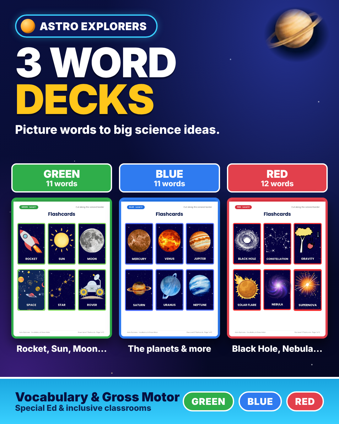 Space Vocabulary Cards & Gross Motor Games | Special Education | 3 Levels