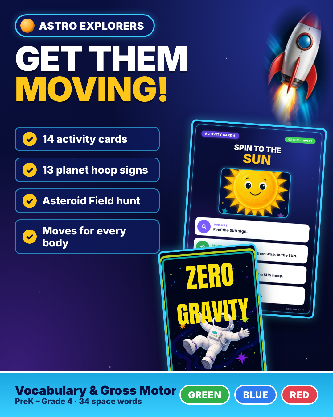 Space Vocabulary Cards & Gross Motor Games | Special Education | 3 Levels