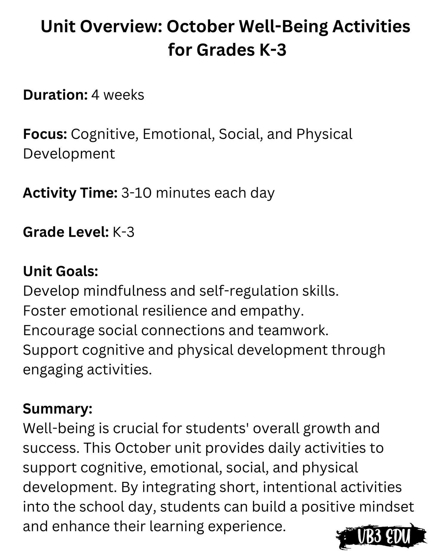 Daily Well-Being 4 Week Unit Plan for Elementary - October - Back to School